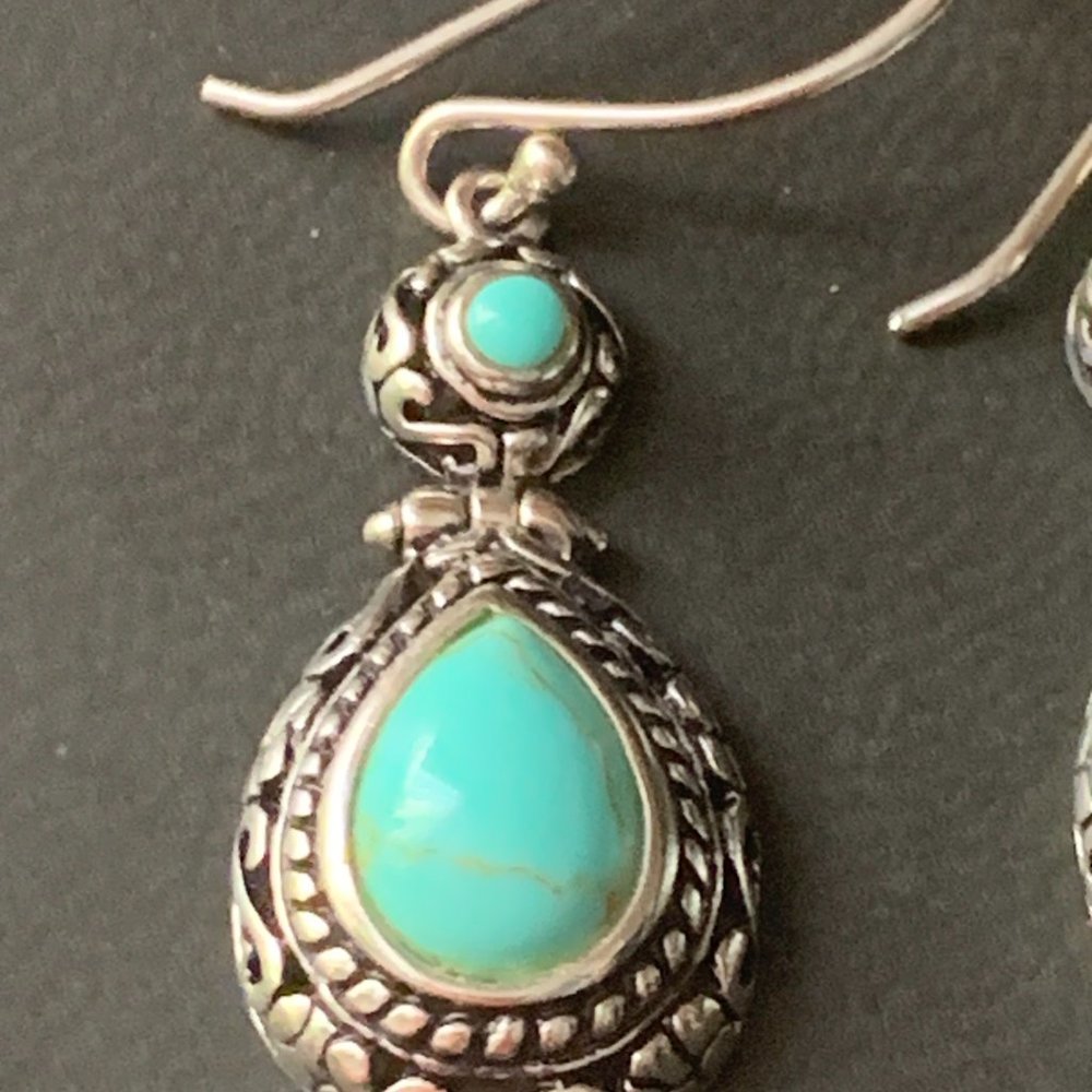 Turquoise 925 Sterling Silver Handmade Teardrop Earrings, - Picture 2 of 4